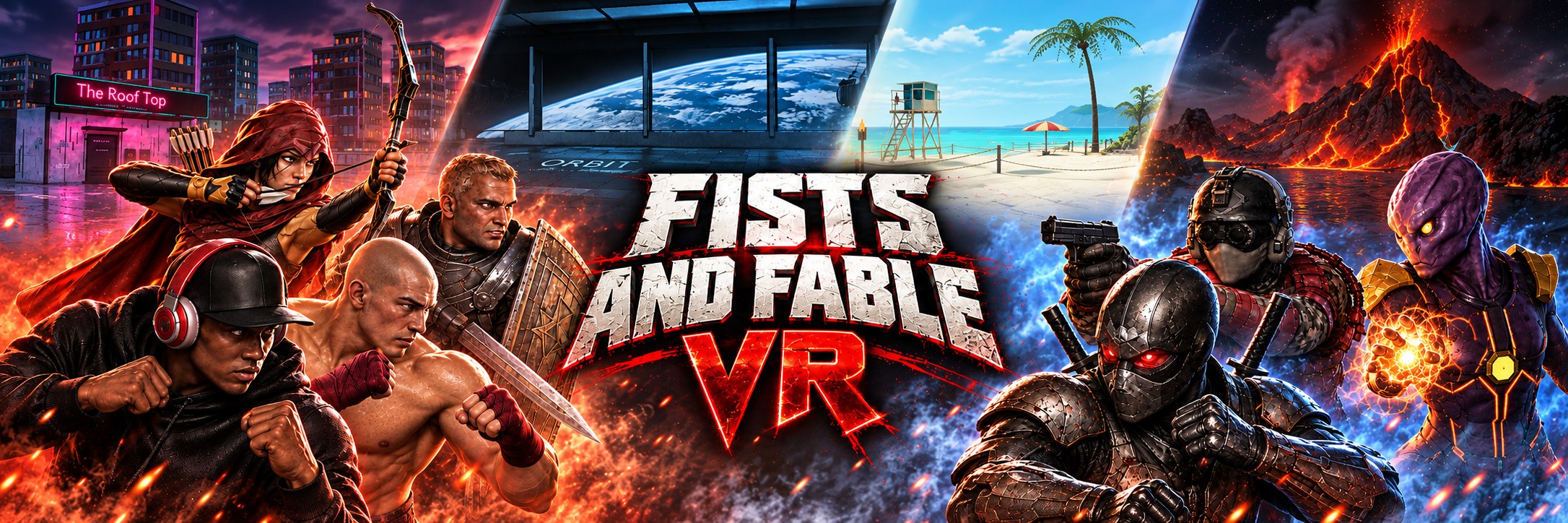 Fists and Fable VR: the game's seven fighters either side of its logo, with the rooftop, orbit, cove and volcano venues behind them